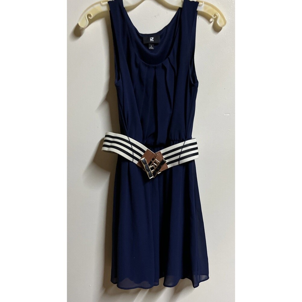 iZ Byer Tank Slip Dress Size Medium Navy Blue Elastic Pleated Waist with Belt